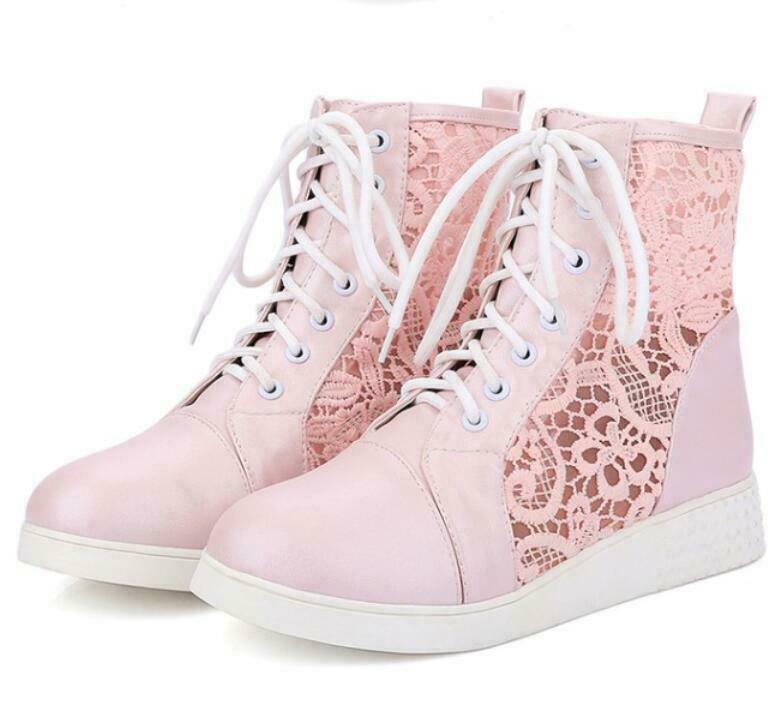 Womens Lace Up Mesh Wedge Hidden Heel Round Toe Faux Leather Ankle Boots Shoes