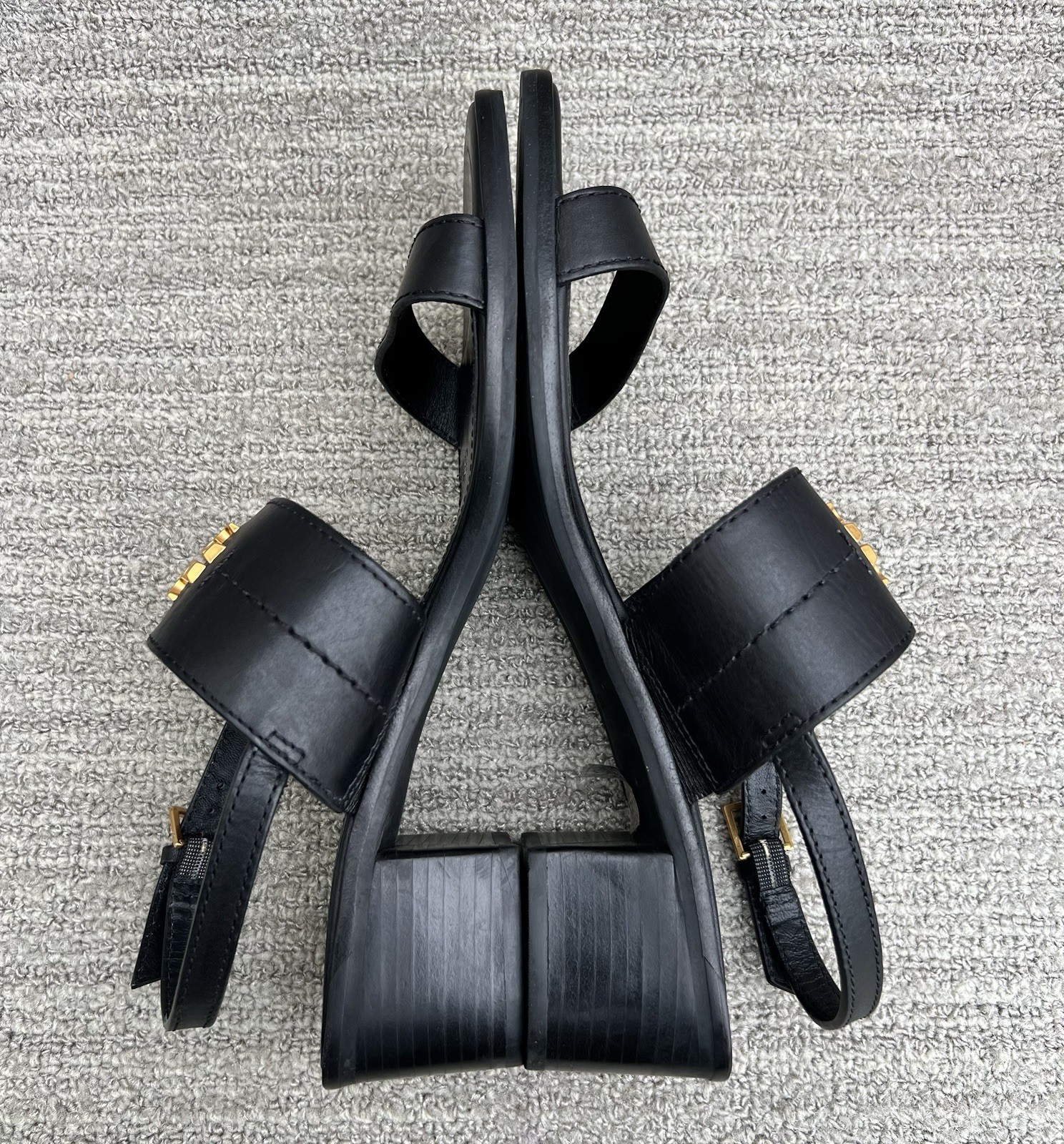 TORY BURCH Eleanor Block Heel Black Leather Sandals Women’s Size 10 US