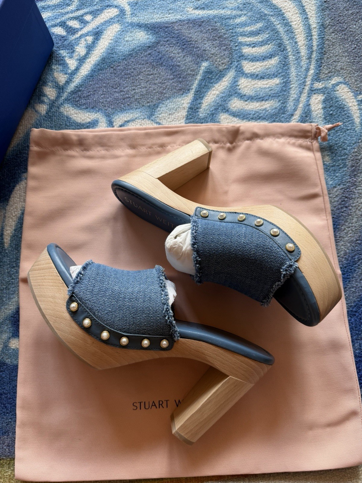 NIB $450 Stuart Weitzman Pearl Clog 85 Sandal Denim Blue Spain BOHO Size 9 AA