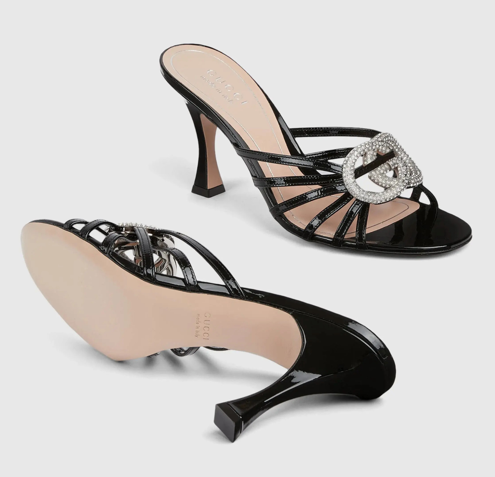 Gucci Interlocking G 85mm Black Patent Crystal GG Logo Heel Mule Sandal 41