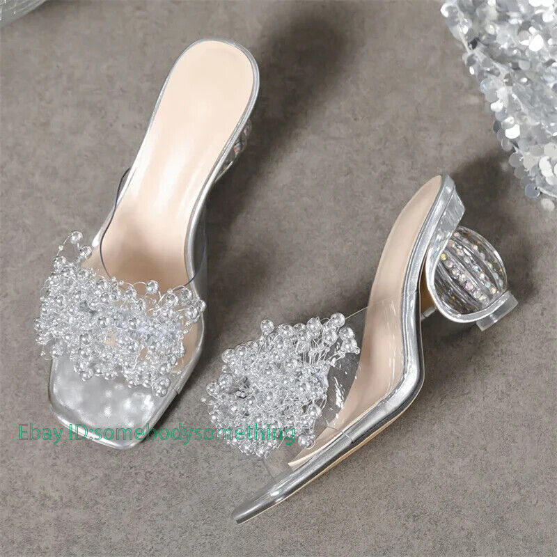 Women’s Beaded Flower Sandals Transparent PVC Slippers High Heels Pumps Shoes