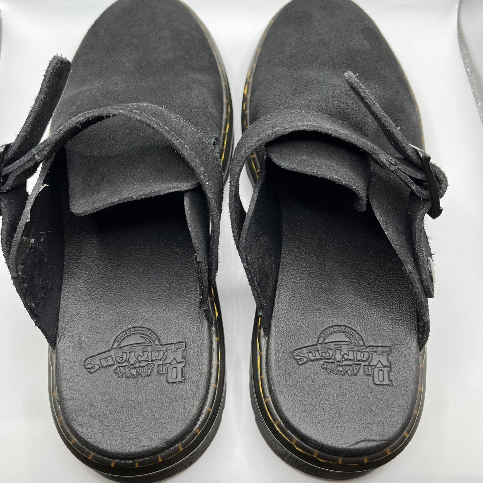 Dr. Martens Carlson Suede Mules Womens 7 Mens 6 Black Slingback Clogs EUC
