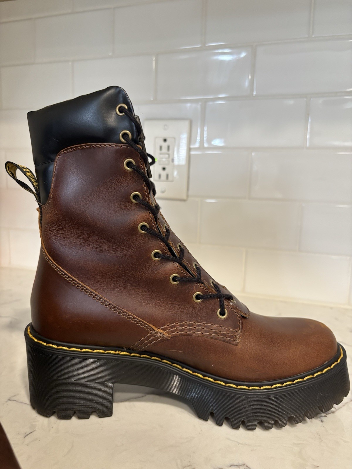 Dr. Martens Karmilla Brown Leather Lace-Up Front Zip Studded Combat Boots 6