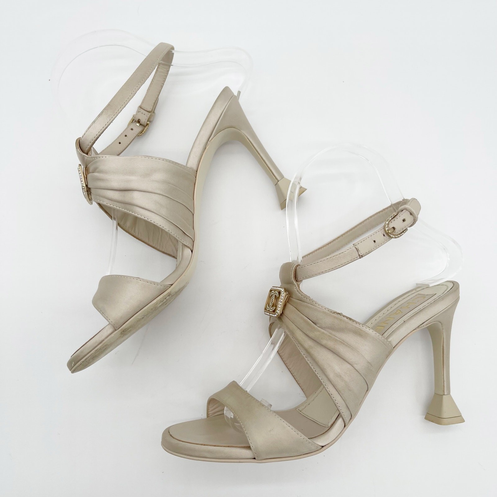 Chanel S/S 2023 Beige Satin Crystal CC Logo Ankle Strap Sandal Heels EU 36