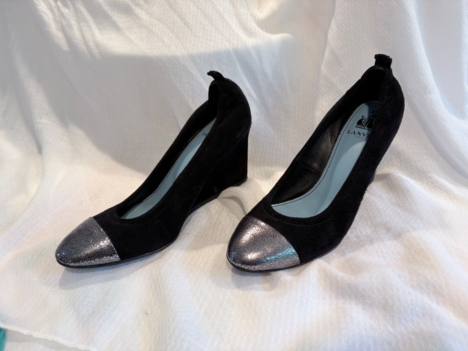 LANVIN Paris Suede & Metallic Cap-Toe Wedge Pumps | Size 38 | Black & Gunmetal S