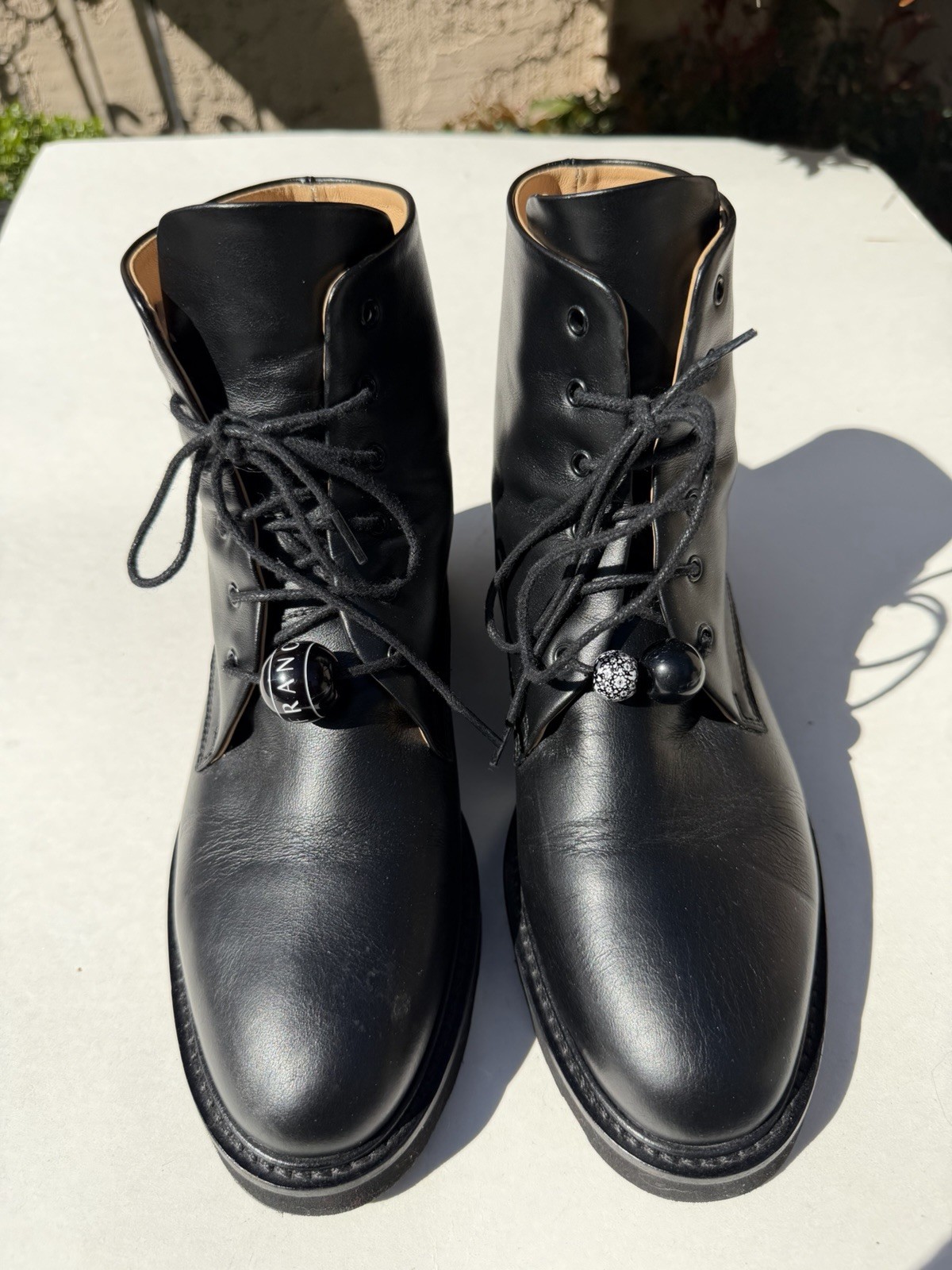 Dear Frances Park Black Smooth Leather Lace up bead Combat Boots Size 36 USA 6