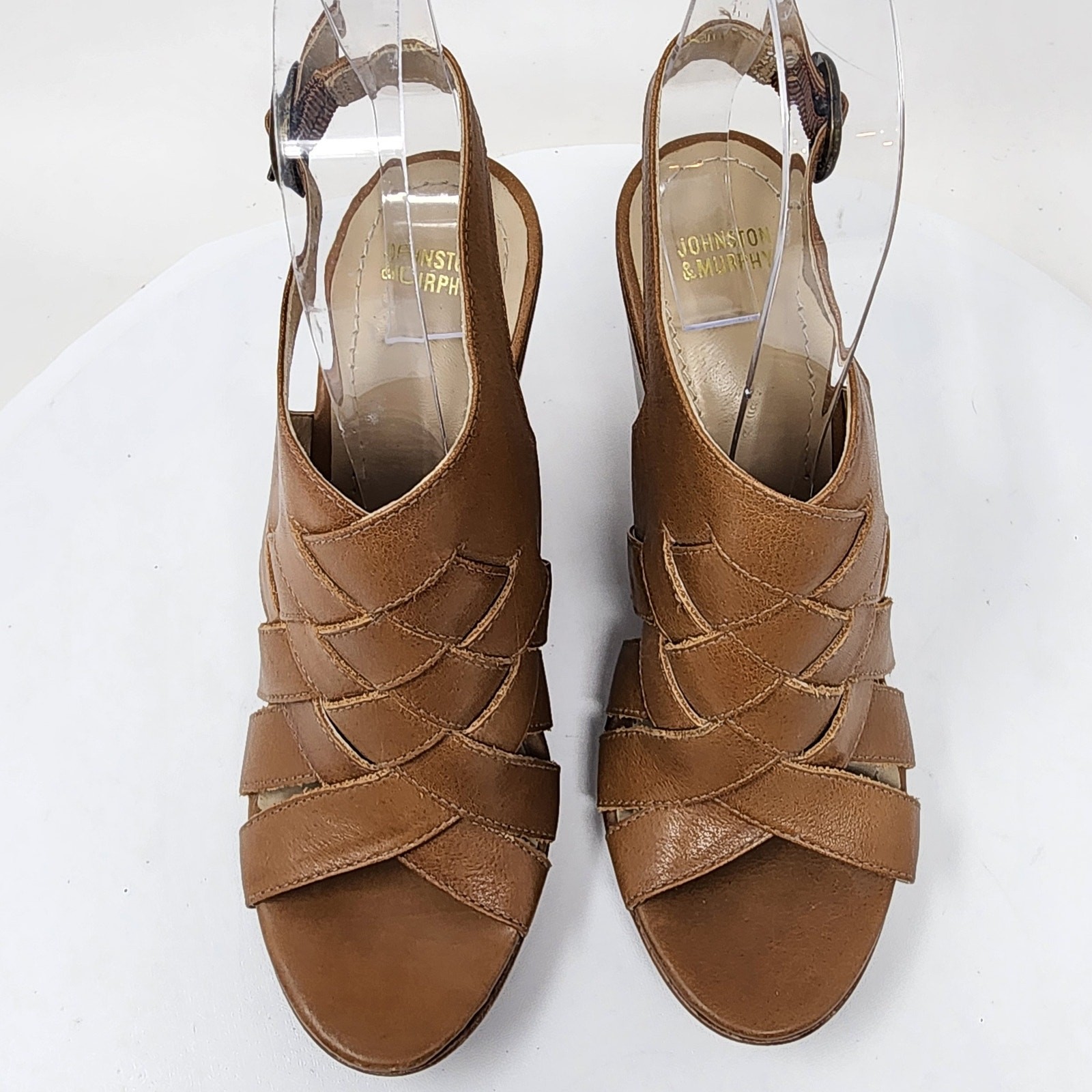 Johnston & Murphy Missy Sandal Women 7M Wedge Slingback Tan Criss Cross Leather