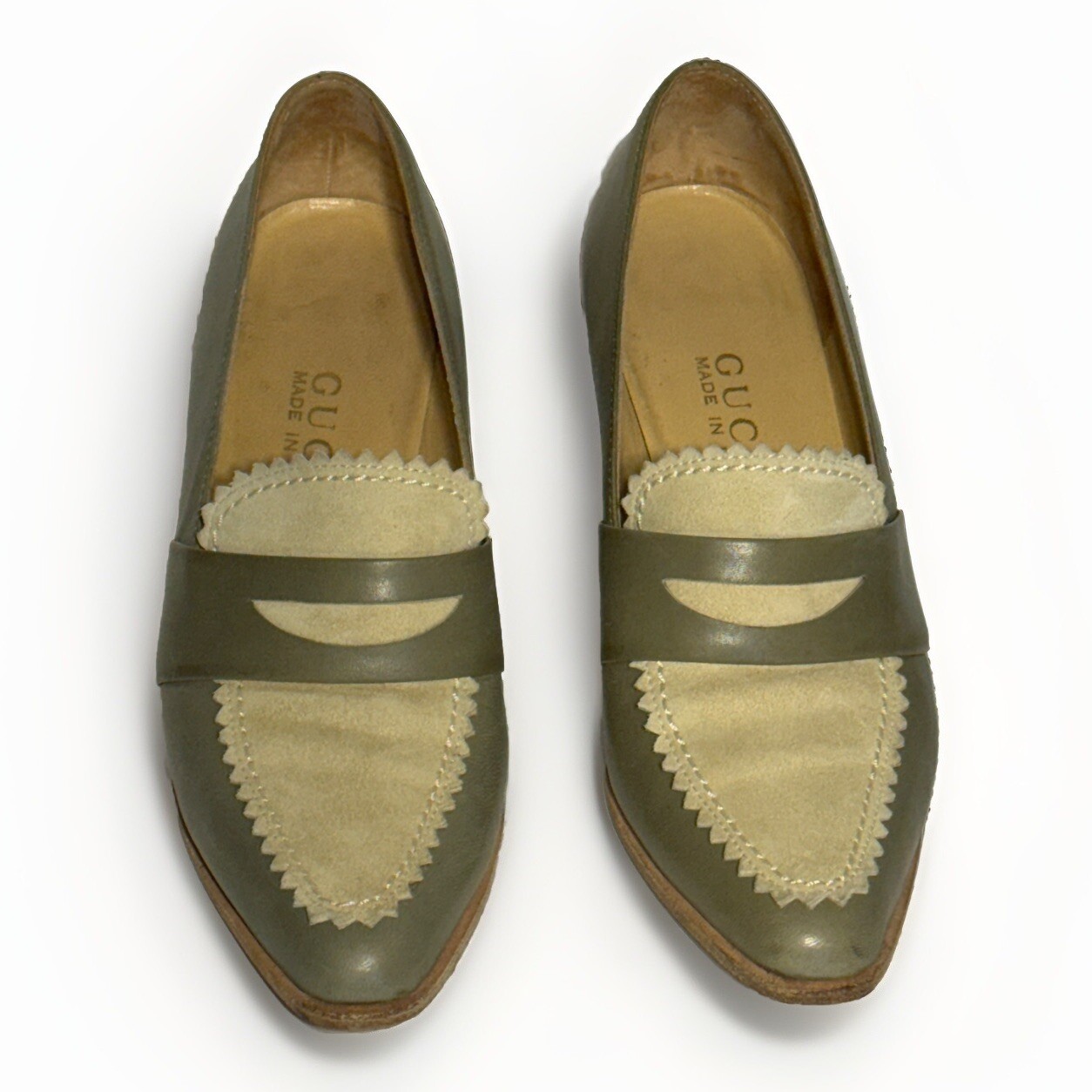 Vintage GUCCI Penny Loafer Green Leather Light Green Suede 2.75 in Heel Sz.6 B