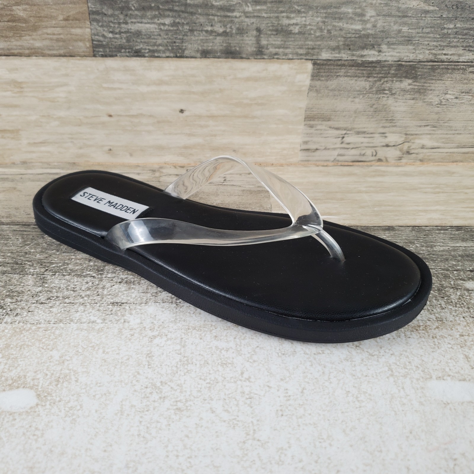 Steve Madden Frankey Womens Flip Flops Sz 6 M Black Slip On Transparent Strap
