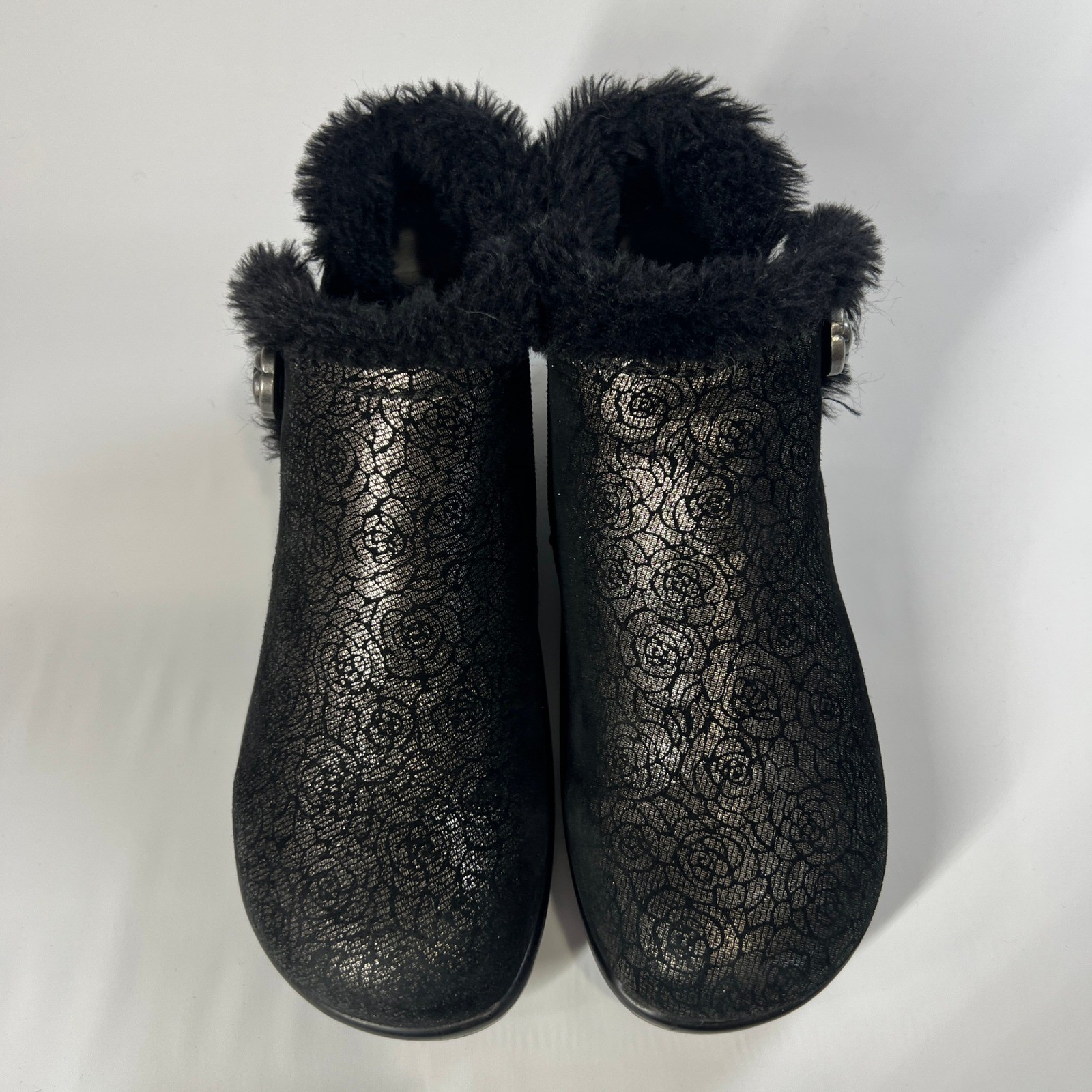 Alegria Meri Black Floral Water-Resistant Leather Ankle Boots Faux Fur Lined 37W