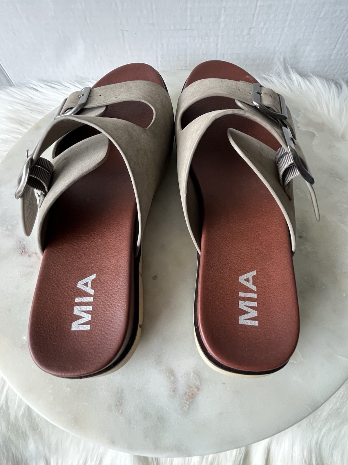 MIA Leila Women’s Size 8.5 Beige Brown Slide Sandals Double Straps and Buckle