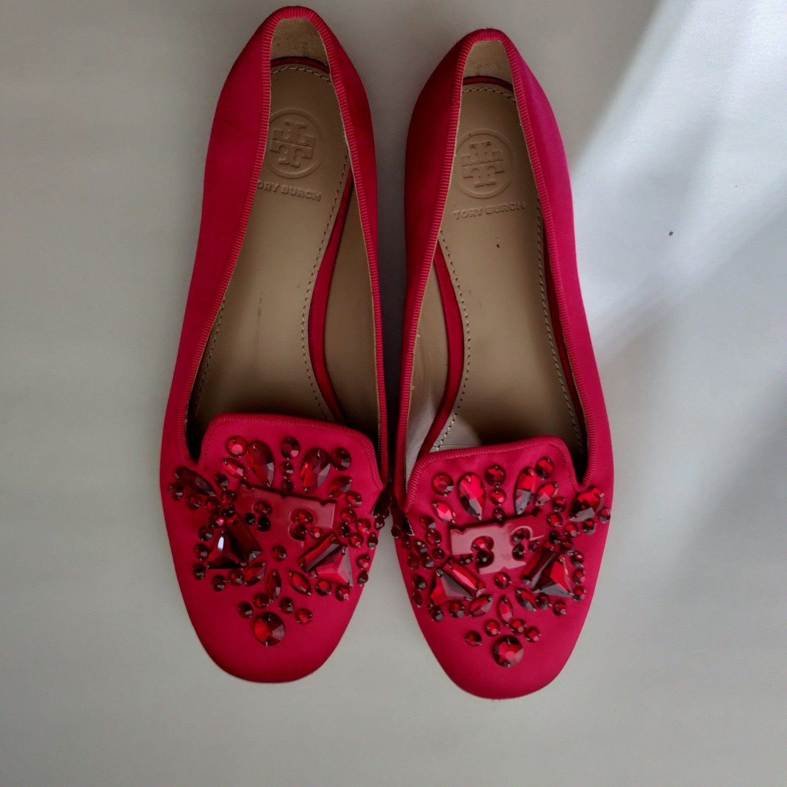 Tory Burch Red Satin Crystal Embellished Logo Loafers Smoking Flats