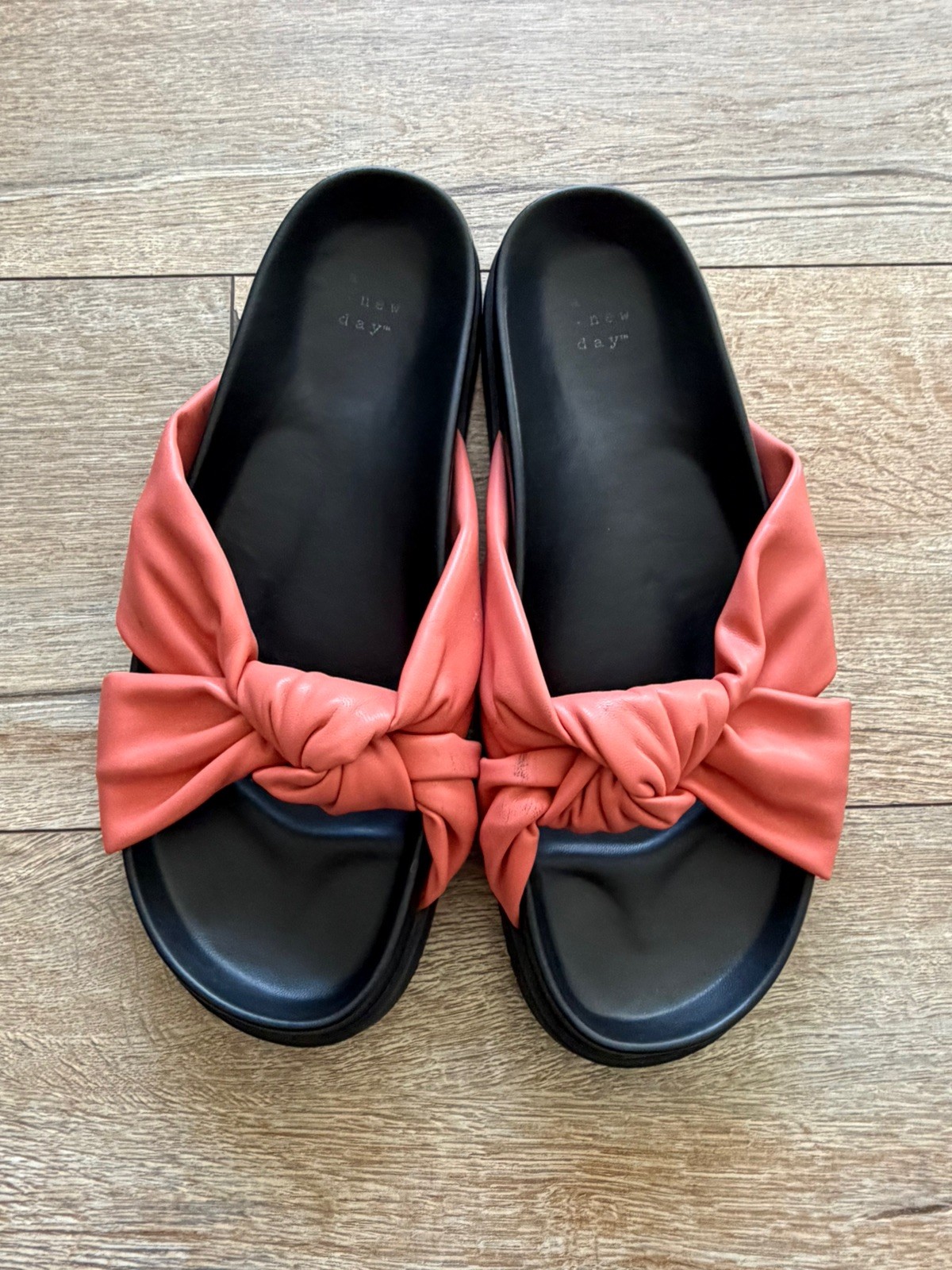 A New Day Sandals Womens 10 Kaylin Knot Slide Flats Slip On Orange Faux Leather