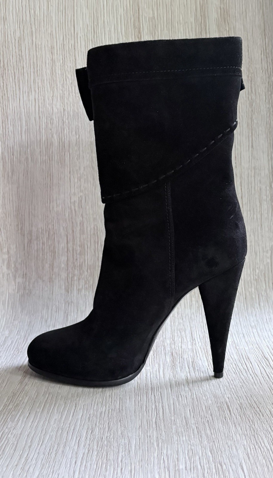 Christian Dior Women’s Black Suede Slouch Boots 38.5 Cuffed Cone Heel Mid-Calf
