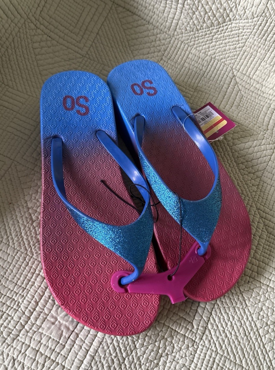 SO Red Pink Purple Blue Sparkle GLITTER SANDALS FLIP FLOPS M (7-8) NWT