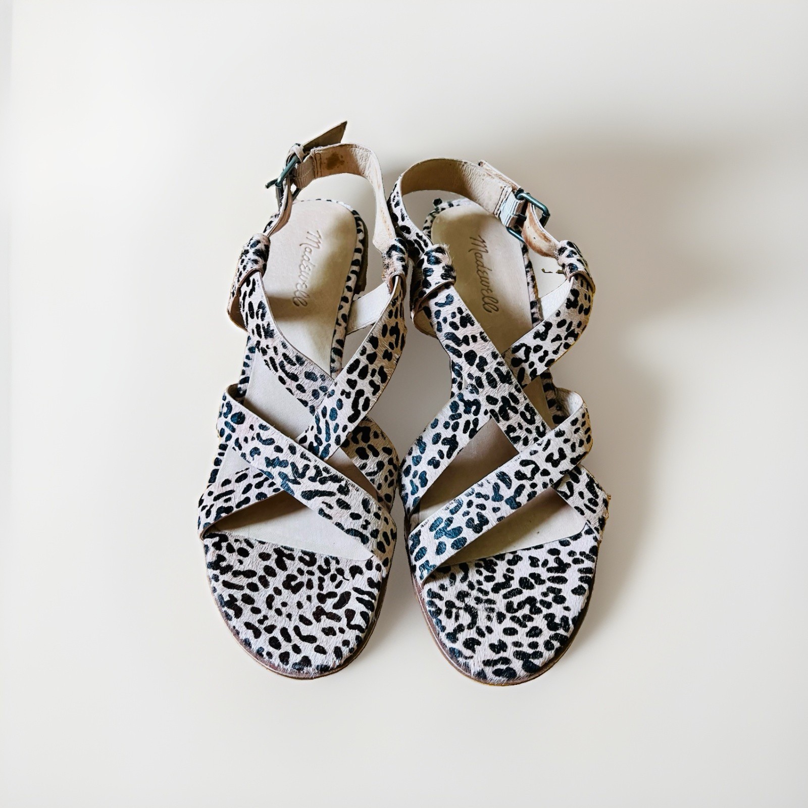 Madewell Alyssa Asymmetrical Block Heel Sandals Leopard Calf Hair Size 9.5
