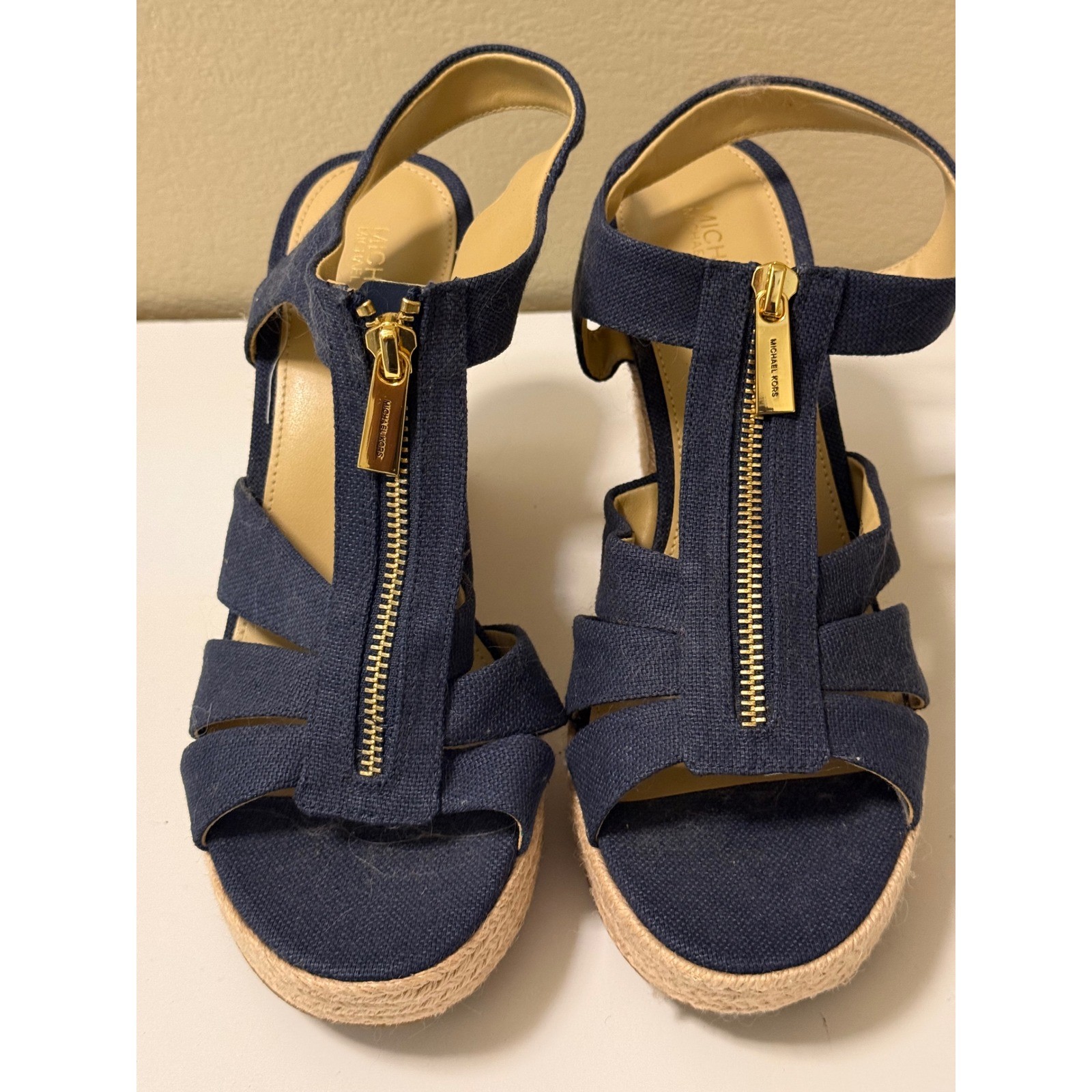 Michael Kors Navy Blue Canvas Espadrille Wedge Sandals Gold Zip Front 8.5M PW21K