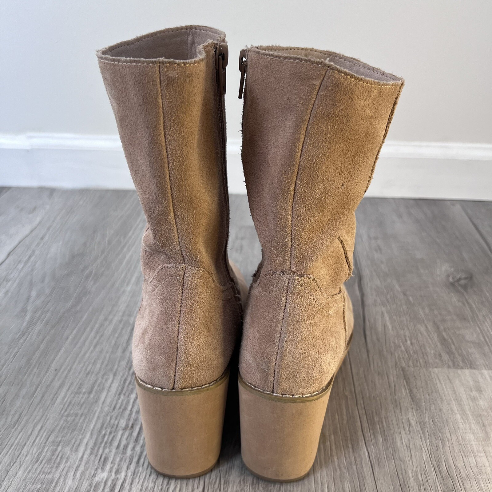 Coconuts Matisse Tan Suede Leather Comet Mid Calf Wedge Zipper Boots 6.5