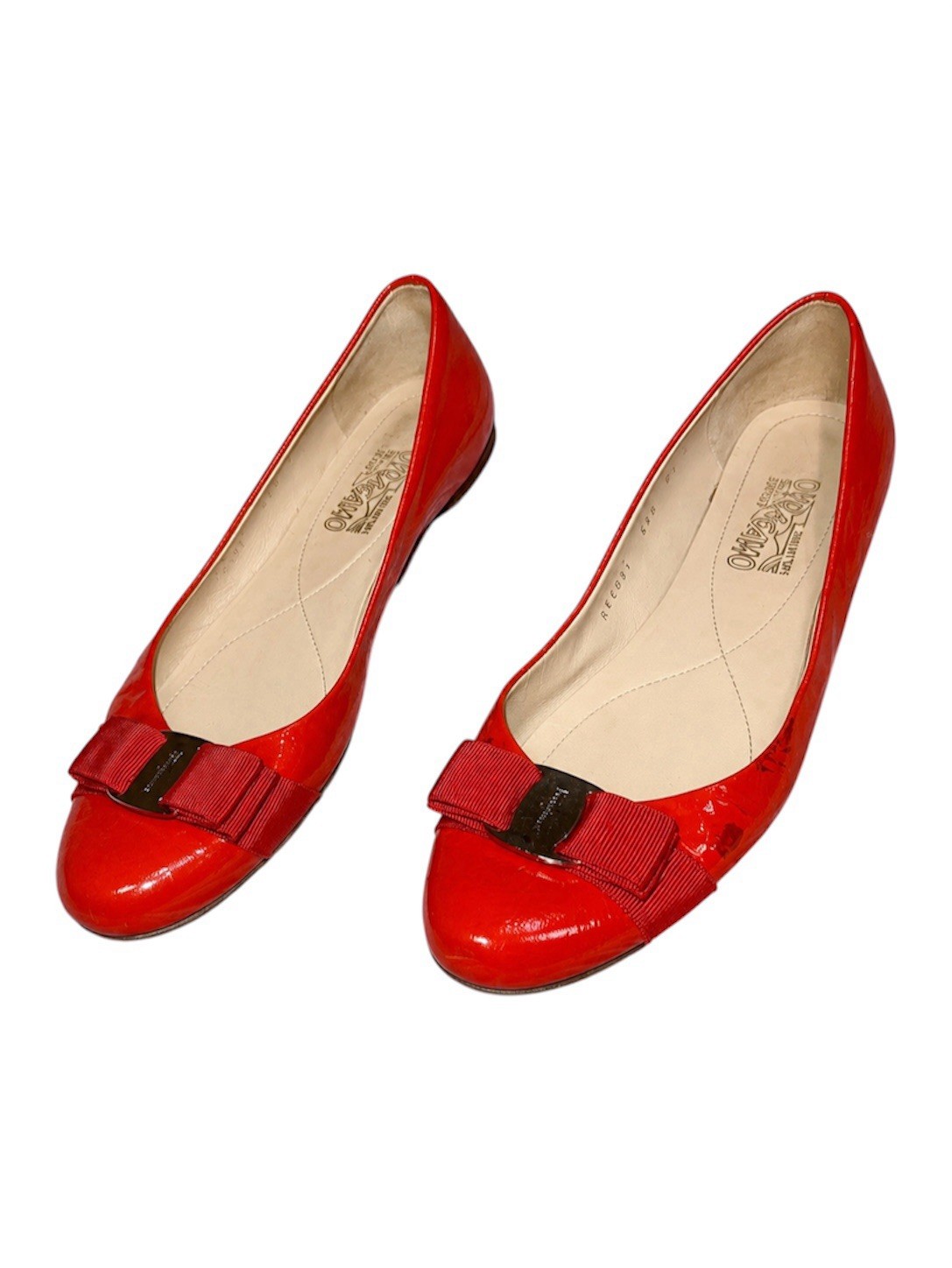 Salvatore Ferragamo Red/Orange Patent Vara Bow Ballet Flats