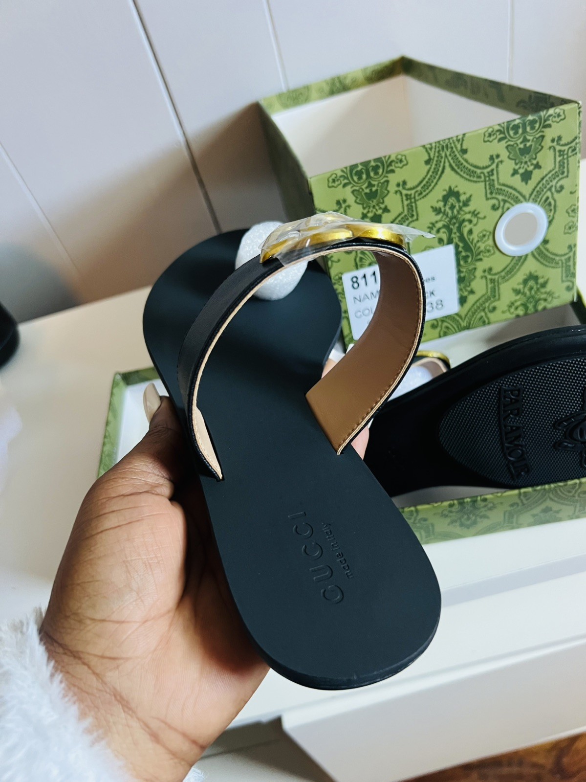 GUCCI Black Marmont Gold Bronze Metal GG Logo Sandals Flip Flops Size EU 38 US 8