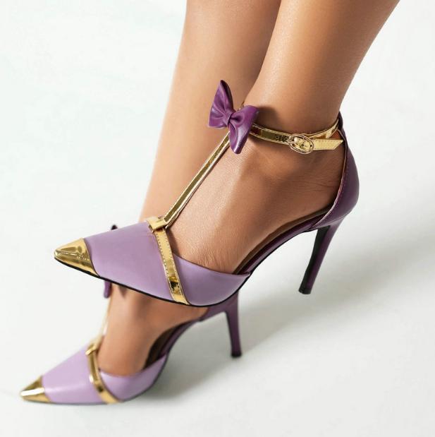 High Heel Stiletto Sandals Womens Metal Pointy Toe Bow Ankle Strap Buckle Shoes