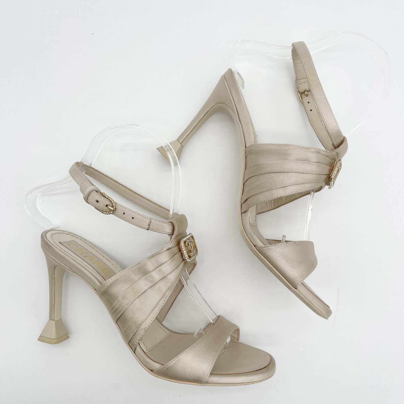 Chanel S/S 2023 Beige Satin Crystal CC Logo Ankle Strap Sandal Heels EU 36