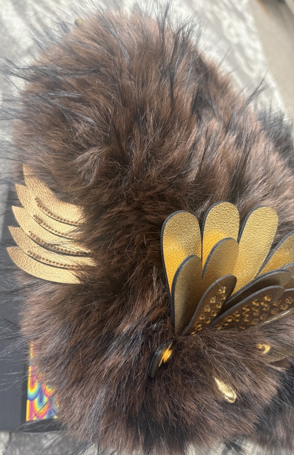 Kurt Geiger London-Eagle Fluff Faux Fur Bedazzled Brown/Gold Slippers, 8/9 New