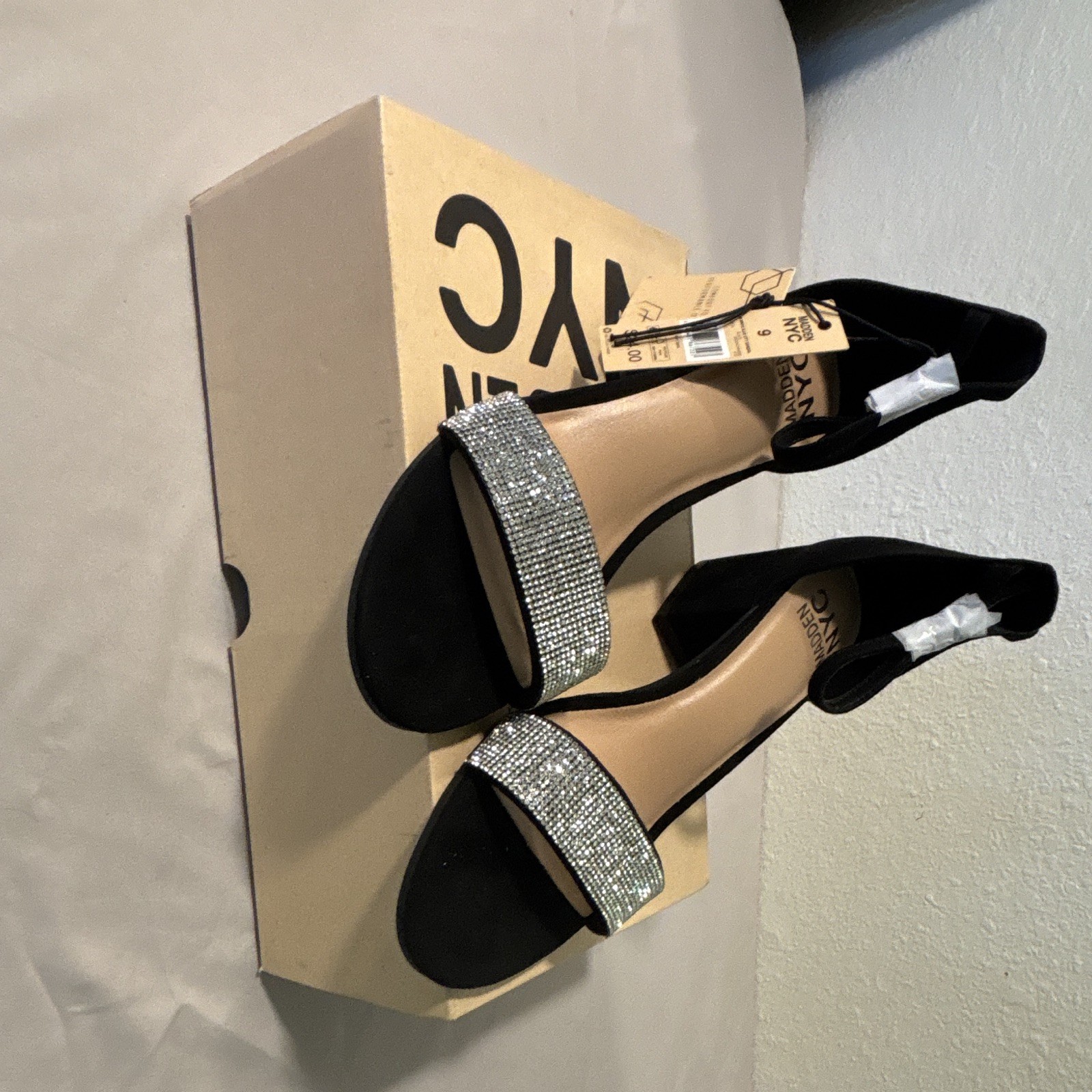 Madden NYC Women’s Slip On Sandals Black/Silver Rhinestone Straps US 9 EU 40