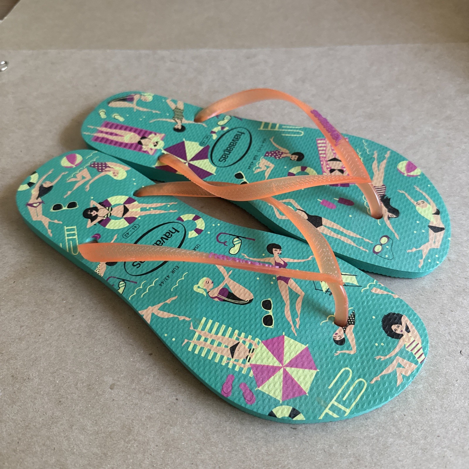 Havaianas Slim Green Pool Party Design with Orange Gel Straps 41/42 – New