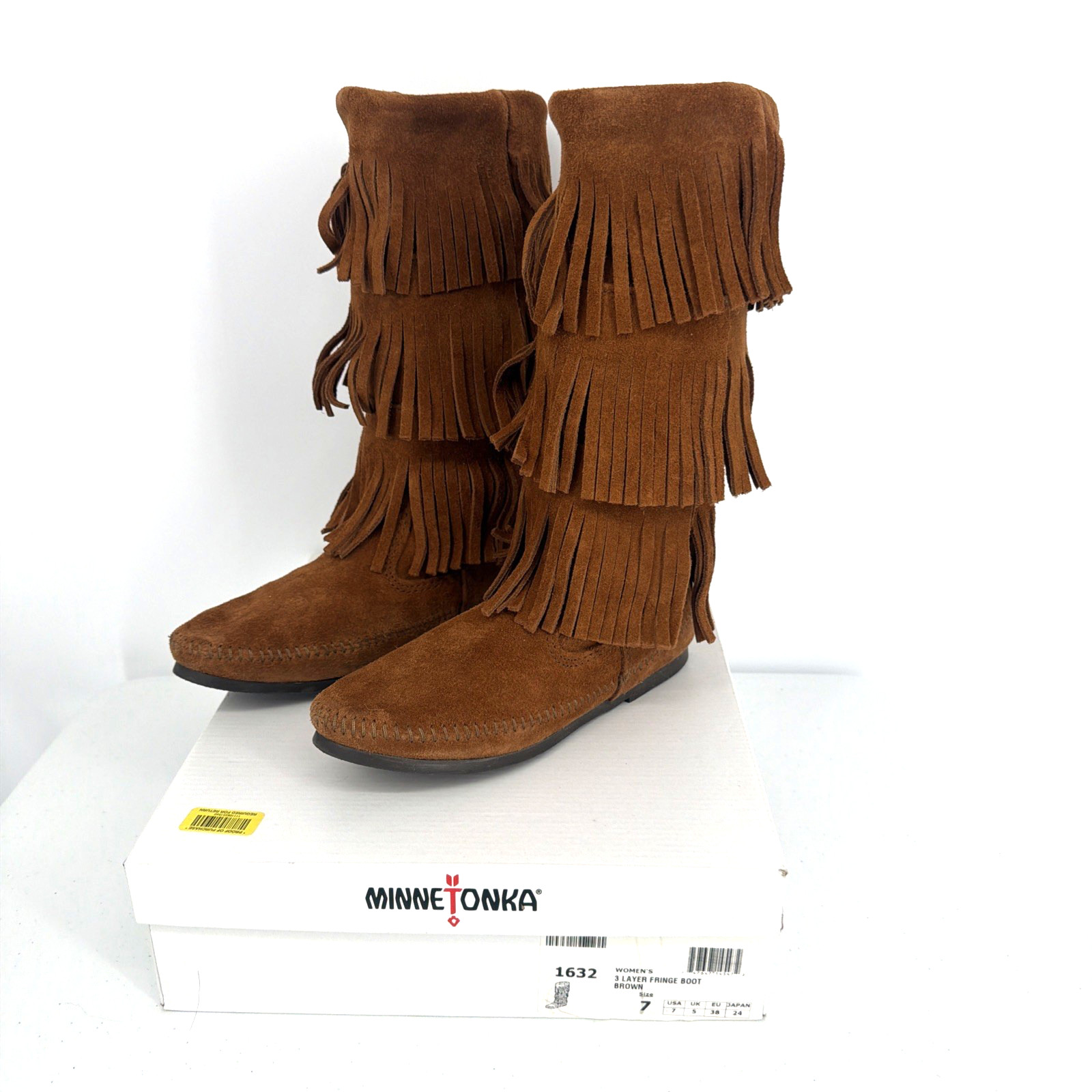 Minnetonka Moccasin 1632 Brown 3 Layer Fringe Boots Women Size 7 Western Cowgirl