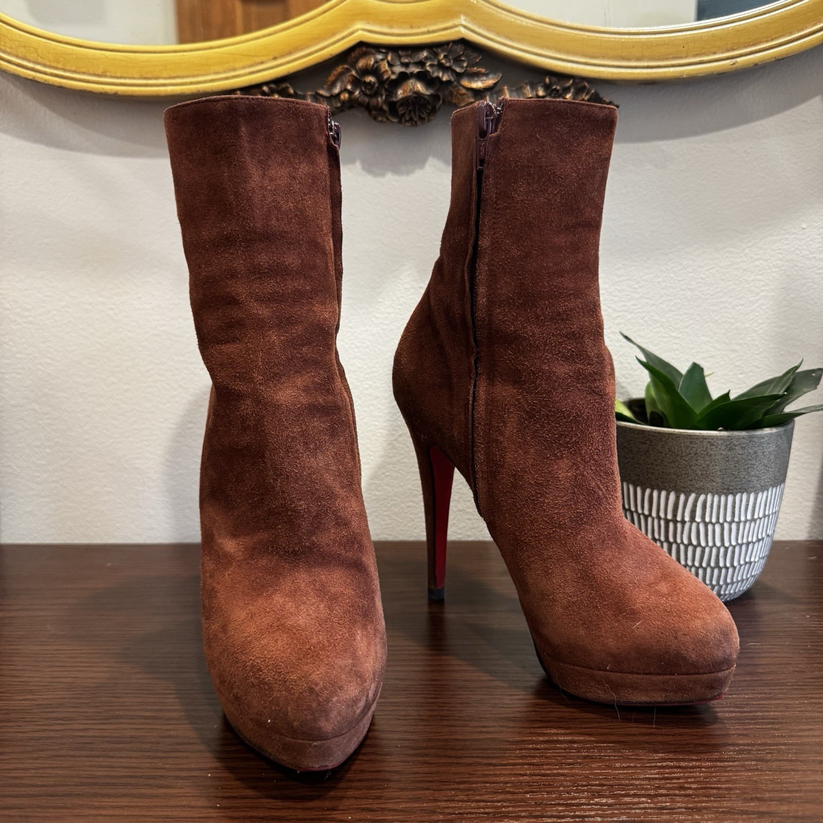 Christian Louboutin Brown Suede Red Bottom Ankle Boot EU 36 / US 6