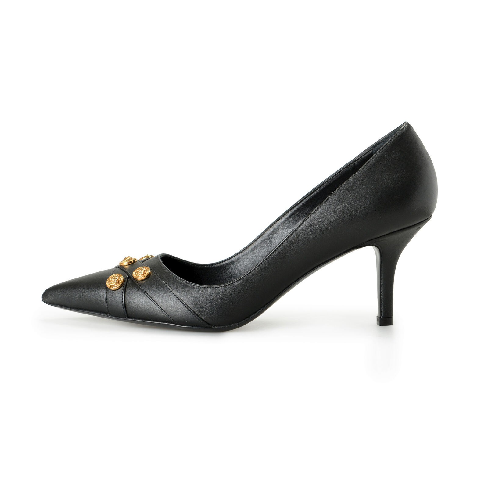 Versace Women’s Black Gold Medusa Logo Leather Heeled Pumps Shoes US 6 IT 36