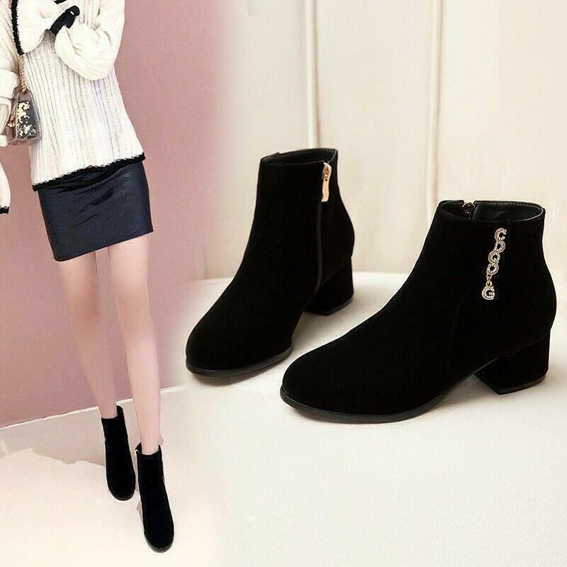 Womens Ankle Boots Round Toe Rhinestone Chunky Heel Side Zip Shoes 50/51/52 Hot