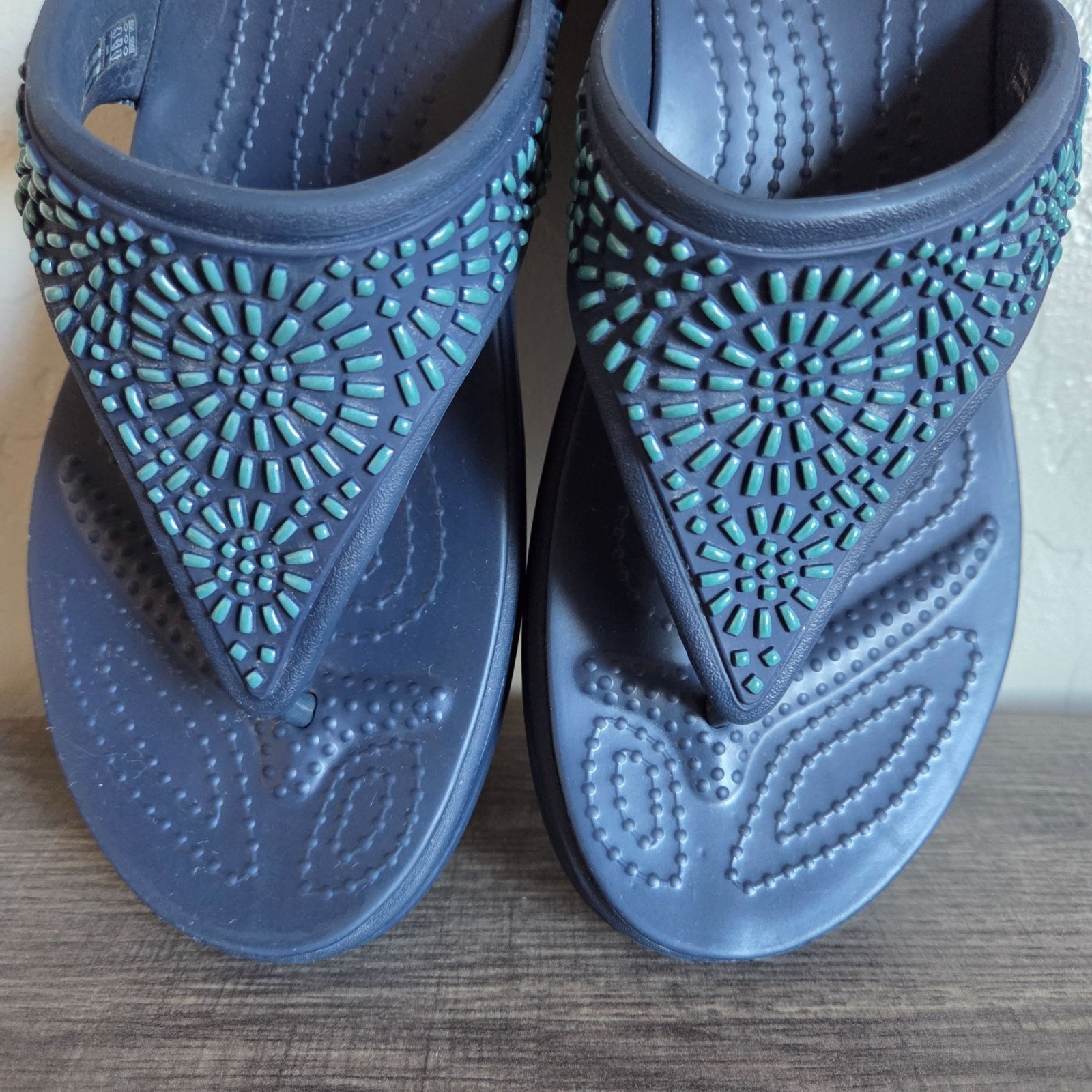Crocs Monterey Diamante Embellished Wedge Flip Flop Sandals Blue/Teal Women’s 8