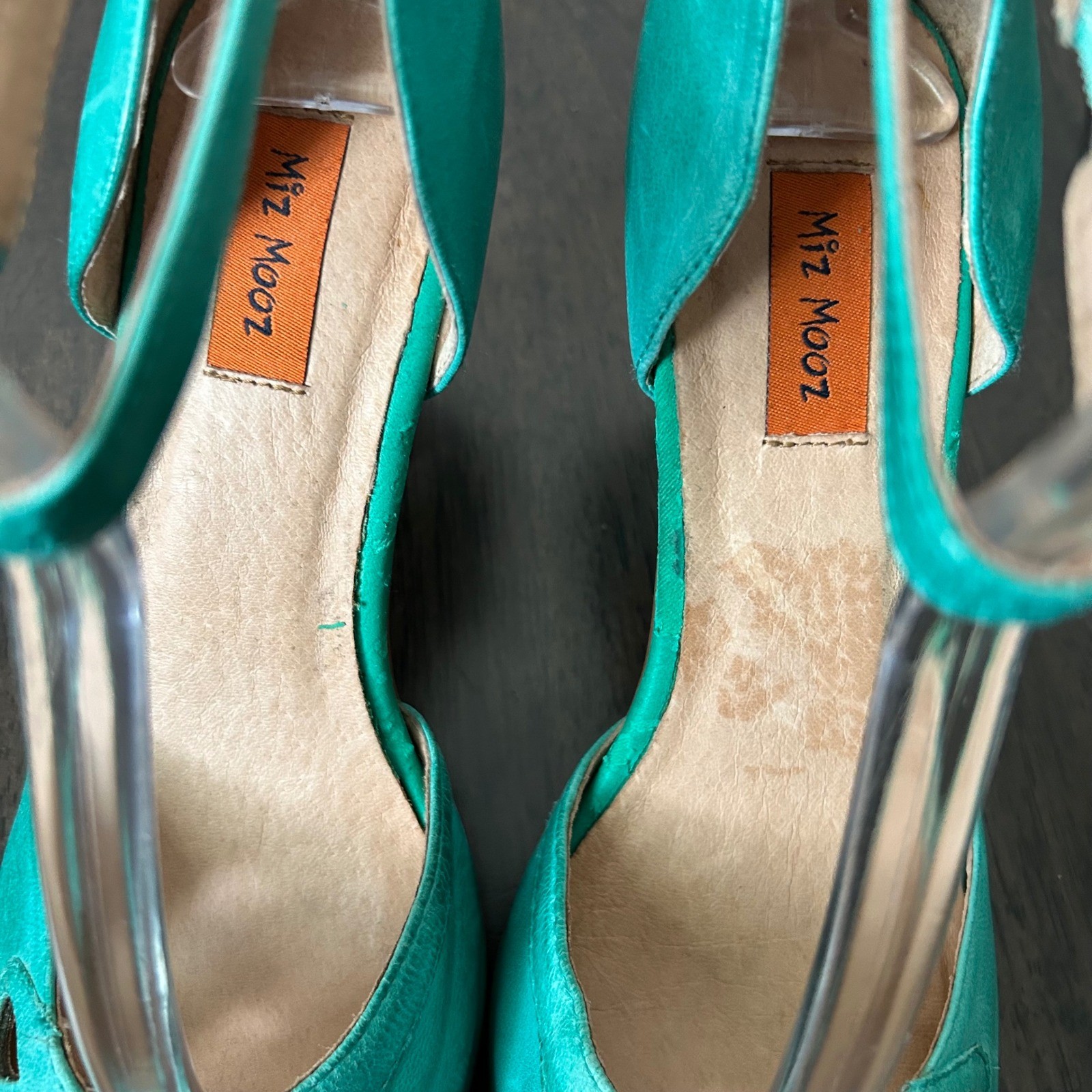 Miz Mooz Teal Leather Laser Cut Scalloped Ankle Strap D’Orsay Cone Heels 7