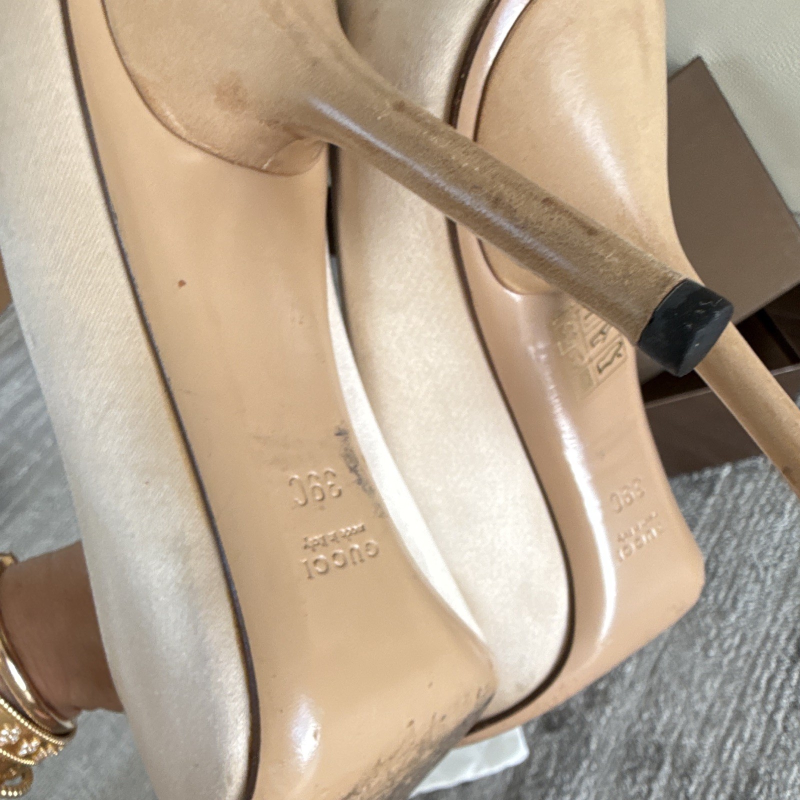 Gucci Women’s Beige Leather & 100% Silk Open Toe Pump Stiletto Heels 8.5