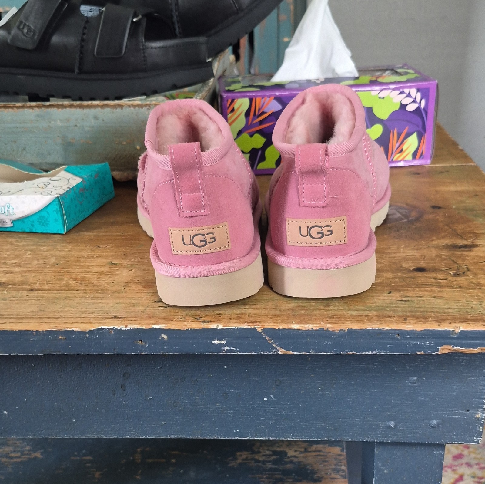 UGG Classic Ultra Mini Pink Suede Sheepskin Lined Ankle Bootie Round Toe 8