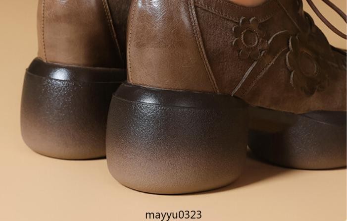 Womens Floral Lace Up Leather Mid Chunky Heel Round Toe Platform Casual Shoes
