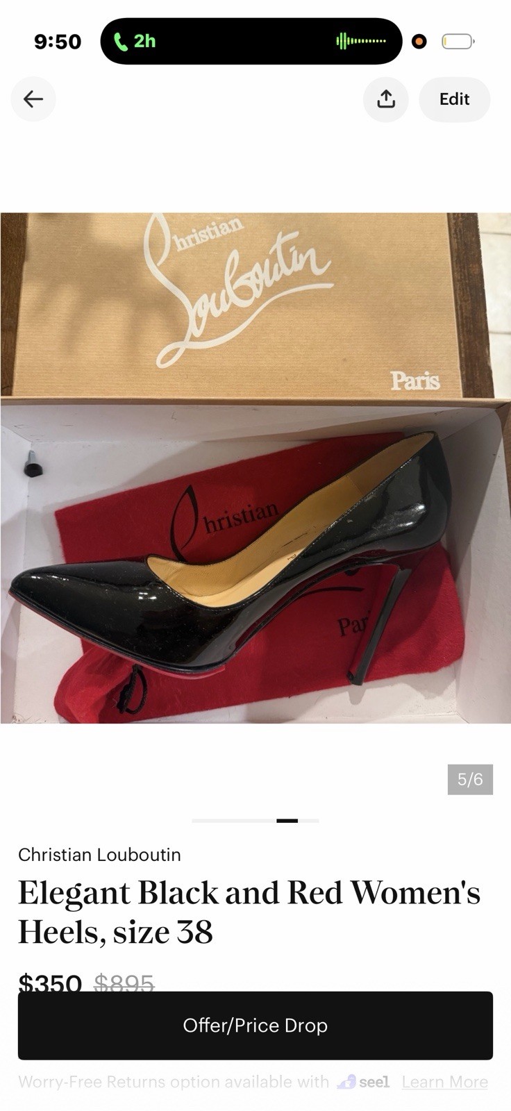 Christian Louboutin Black Patent Leather Pointed Toe Pump Red Sole EU 38
