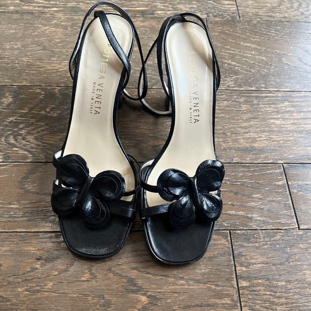Bottega Veneta Butterfly Strap Sandals 35C Black Leather Chunky Heel 8.5cm 22cm