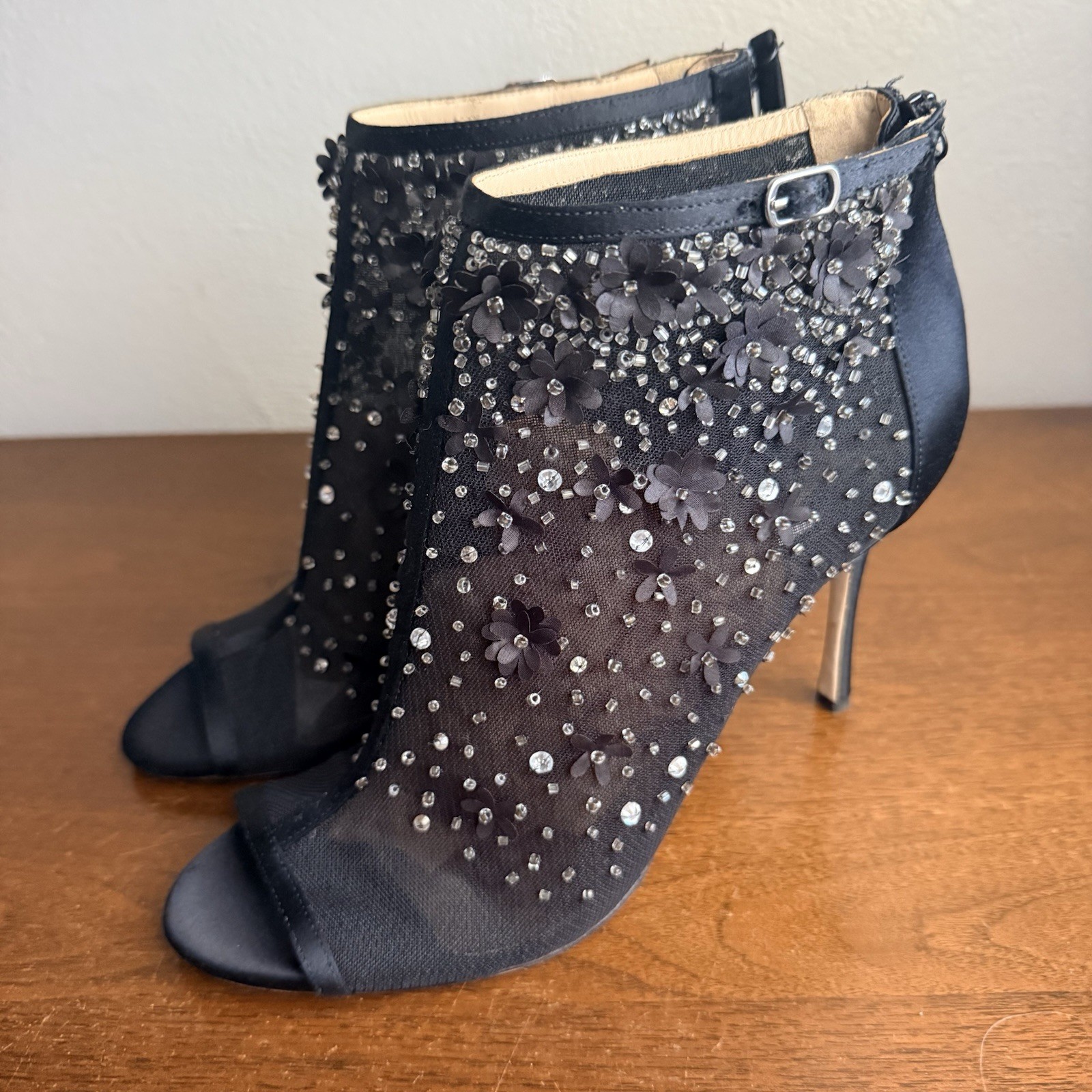 Badgley Mischka Isadora Black Satin Peep Jewel Floral Embellished Booties Sz 9 M