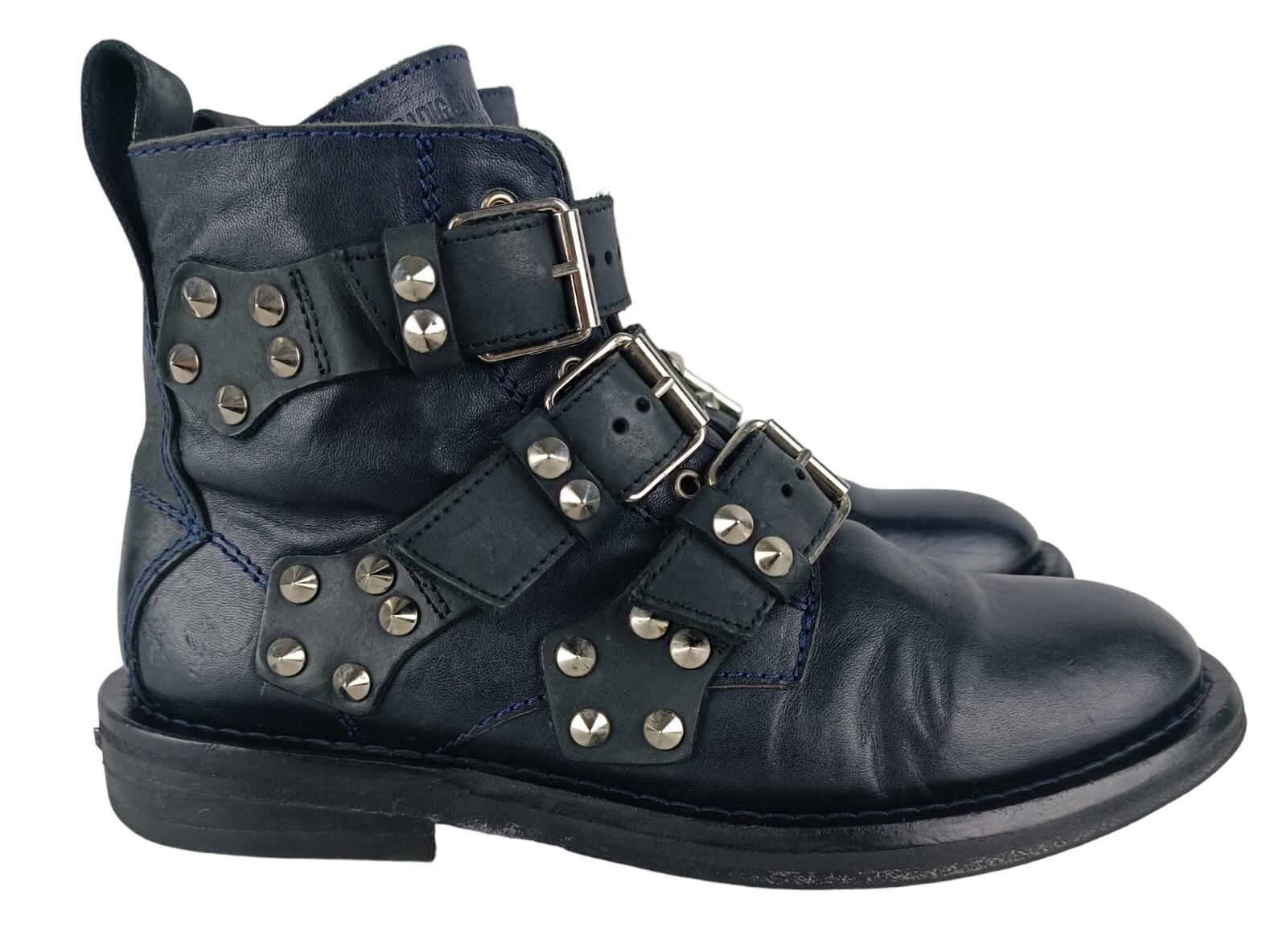 Zadig&Voltaire Womens Black Leather Studded Straps Ankle Boots Size EU 39