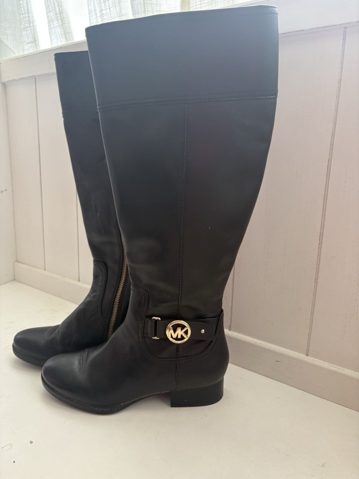 MICHAEL KORS Black Leather Gold Logo Side Zipper Tall Boots Size 7