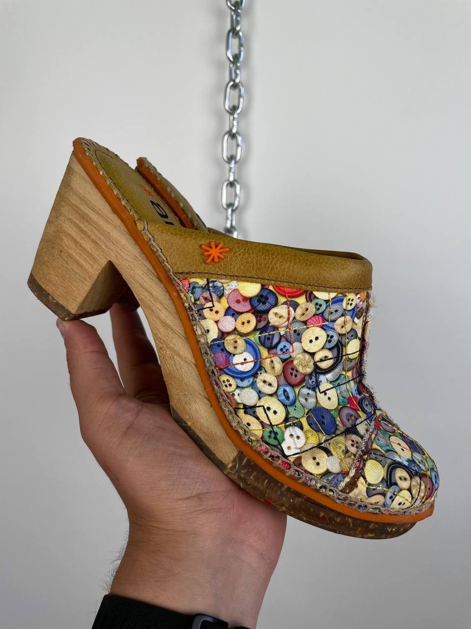 The Art Company Button Print Wooden Clogs , Leather Mule Sandals EU Size 40