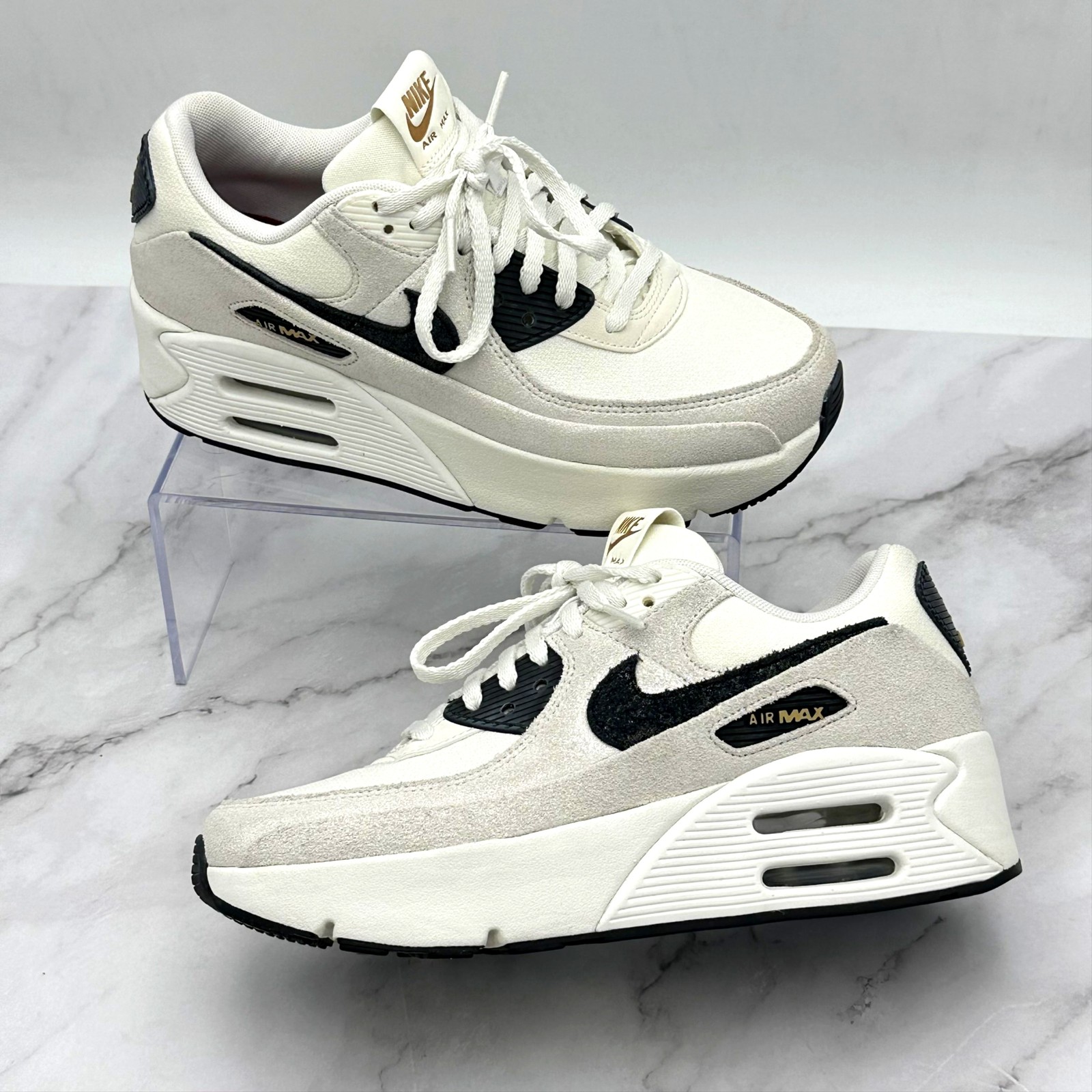 Nike Air Max 90 LV8 Shoes Womens Size 8 White Black Suede Platform HQ3497-100