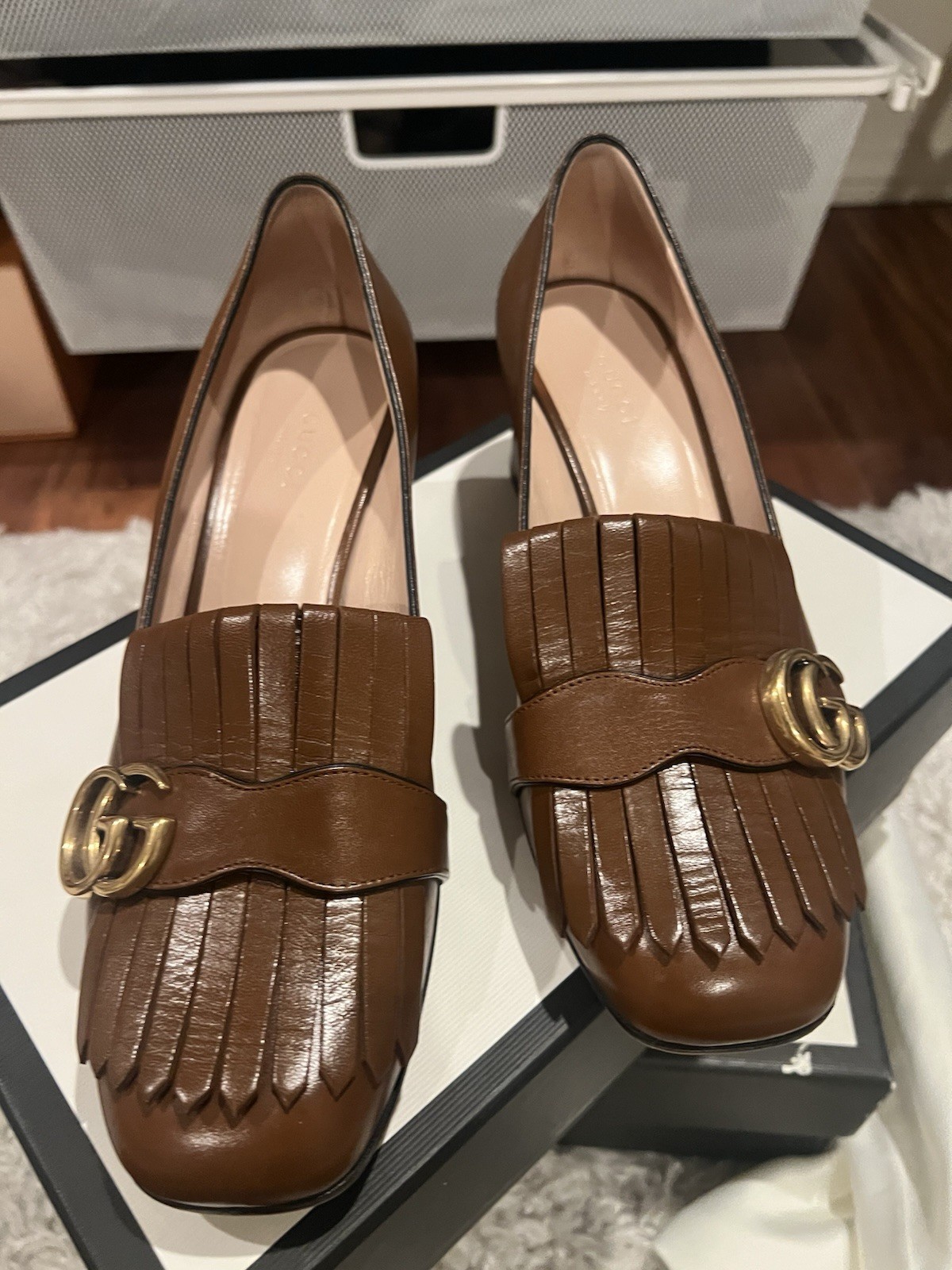 Gucci Dark Brown Marmont GG fringe 55mm block heel Loafer pumps EU39.5