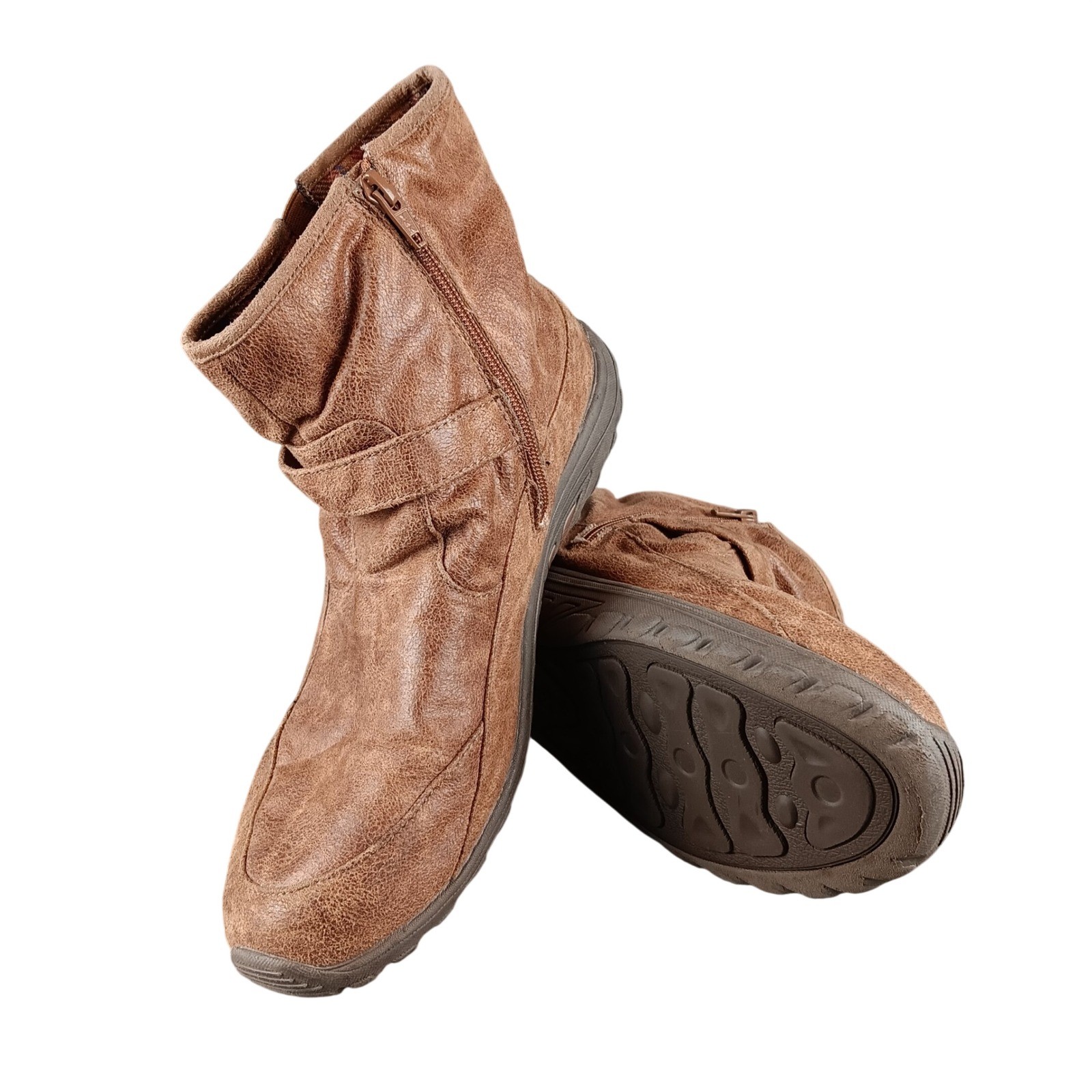 Skechers Women’s Brown Faux Leather Ankle Boots Side Zip Buckle Comfort Size 11