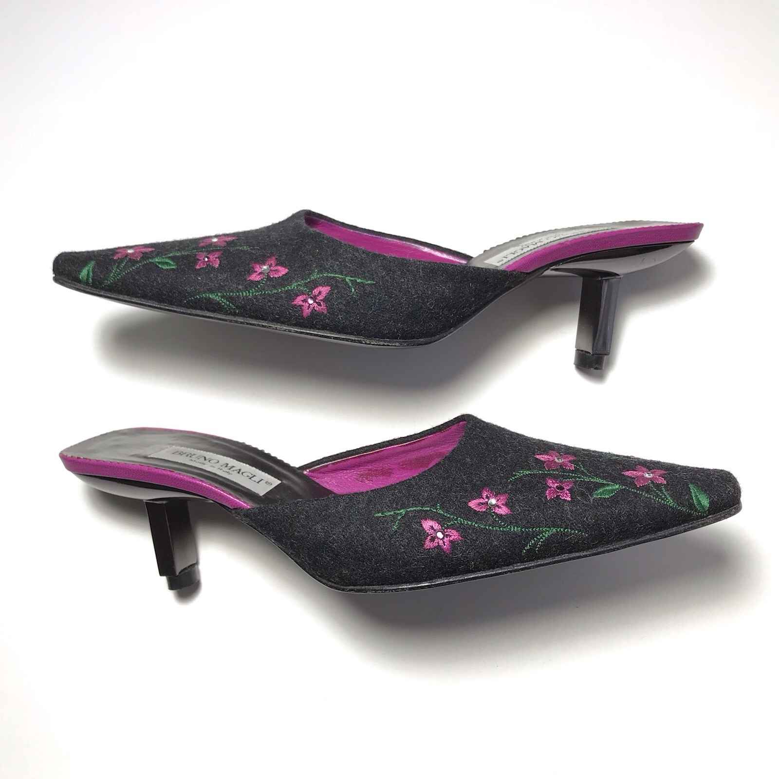 Bruno Magli Y2K Vtg Floral Embroidered Art Deco Heel Gray Wool Kitten Mules 5