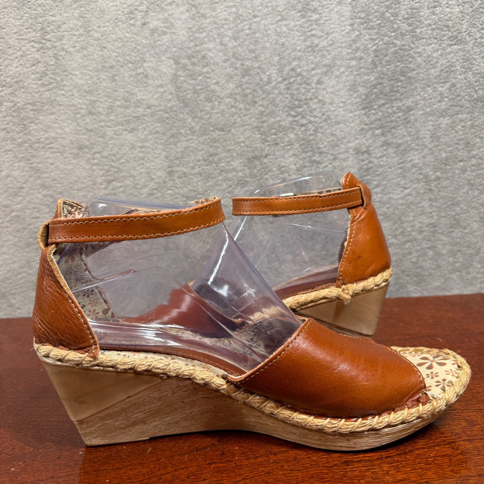 Boho Leather Espadrille Wedge Sandals Womens 9.5 Ankle Strap Comfort