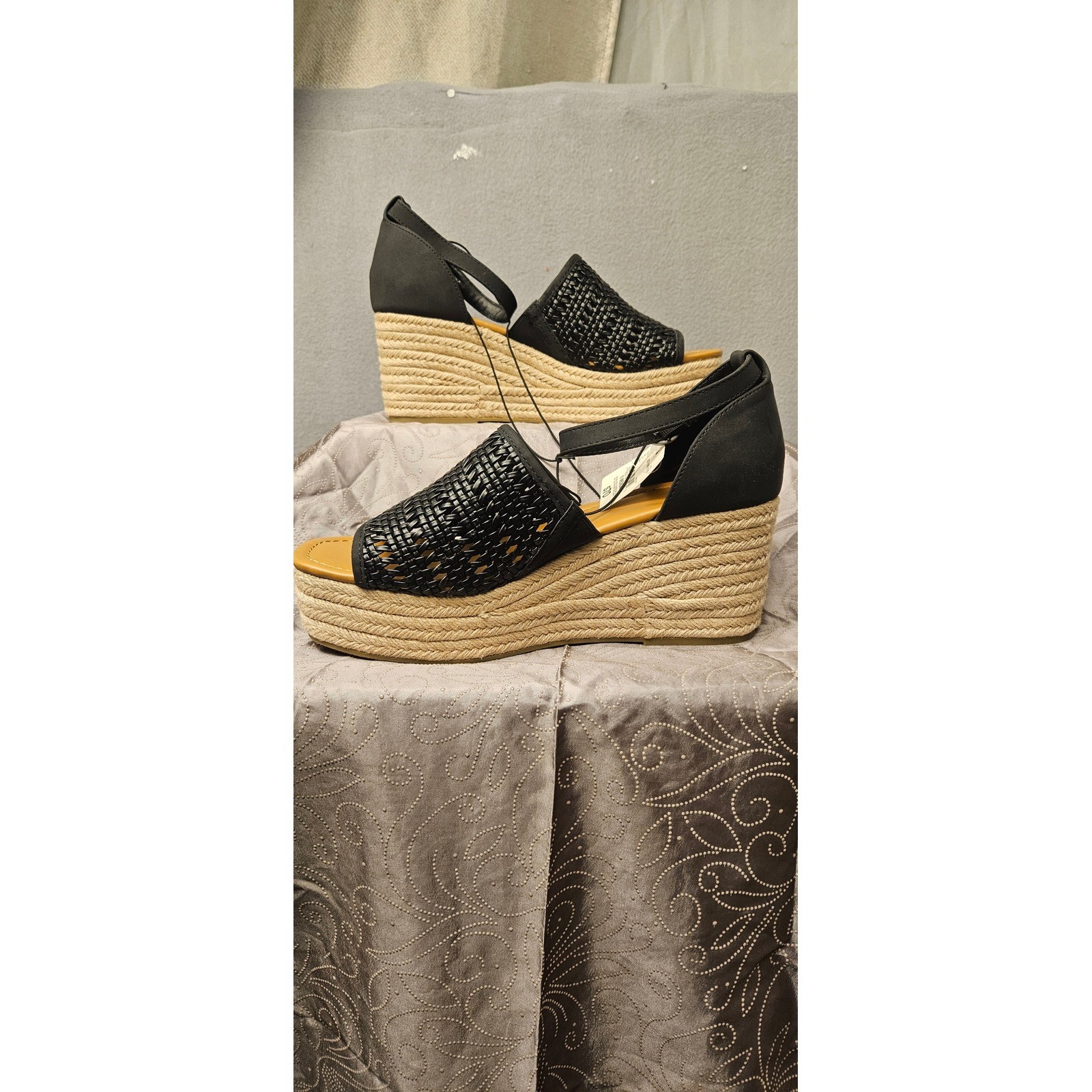 ANA Lisa Black Woven Espadrille Wedge Platform Sandals Womens 11 Medium NEW